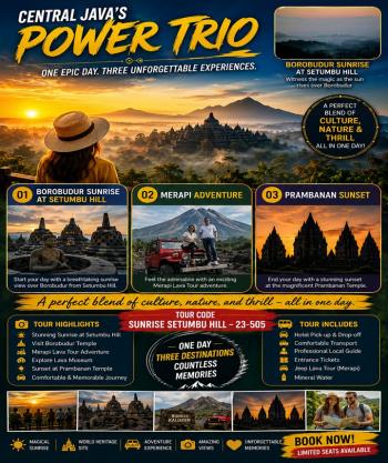 Central Java’s Power Trio : Borobudur Sunrise at Setumbu Hill, Merapi Adventure, Prambanan Sunset