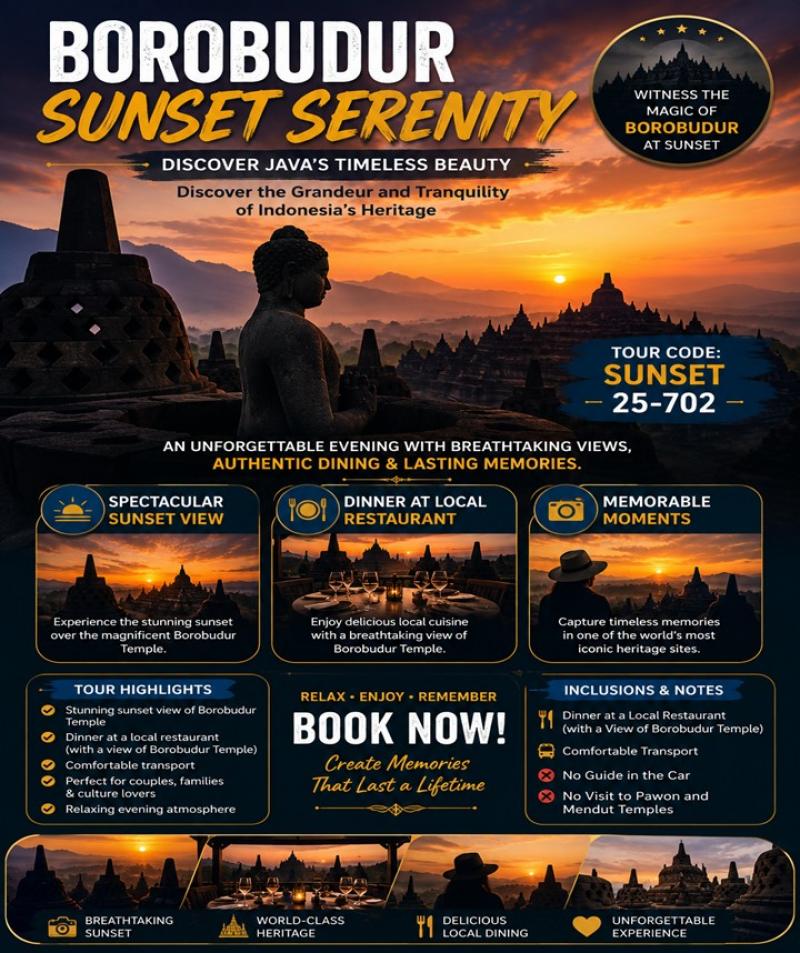 BOROBUDUR SUNSET SERENITY – DISCOVER JAVA’S TIMELESS BEAUTY-No guide in the car – No visit to Pawon and Mendut Temples BOROBUDUR SUNSET SERENITY – DISCOVER JAVA’S TIMELESS BEAUTY-No guide in the car – No visit to Pawon and Mendut Temples